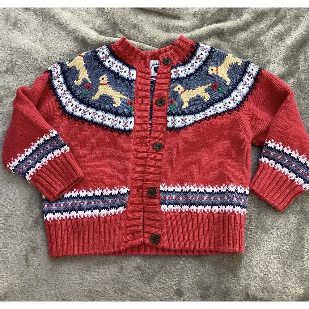 Heartstrings Sweater Red Cardigan With Yellow Lab Puppy Dogs & Floral Design 3T